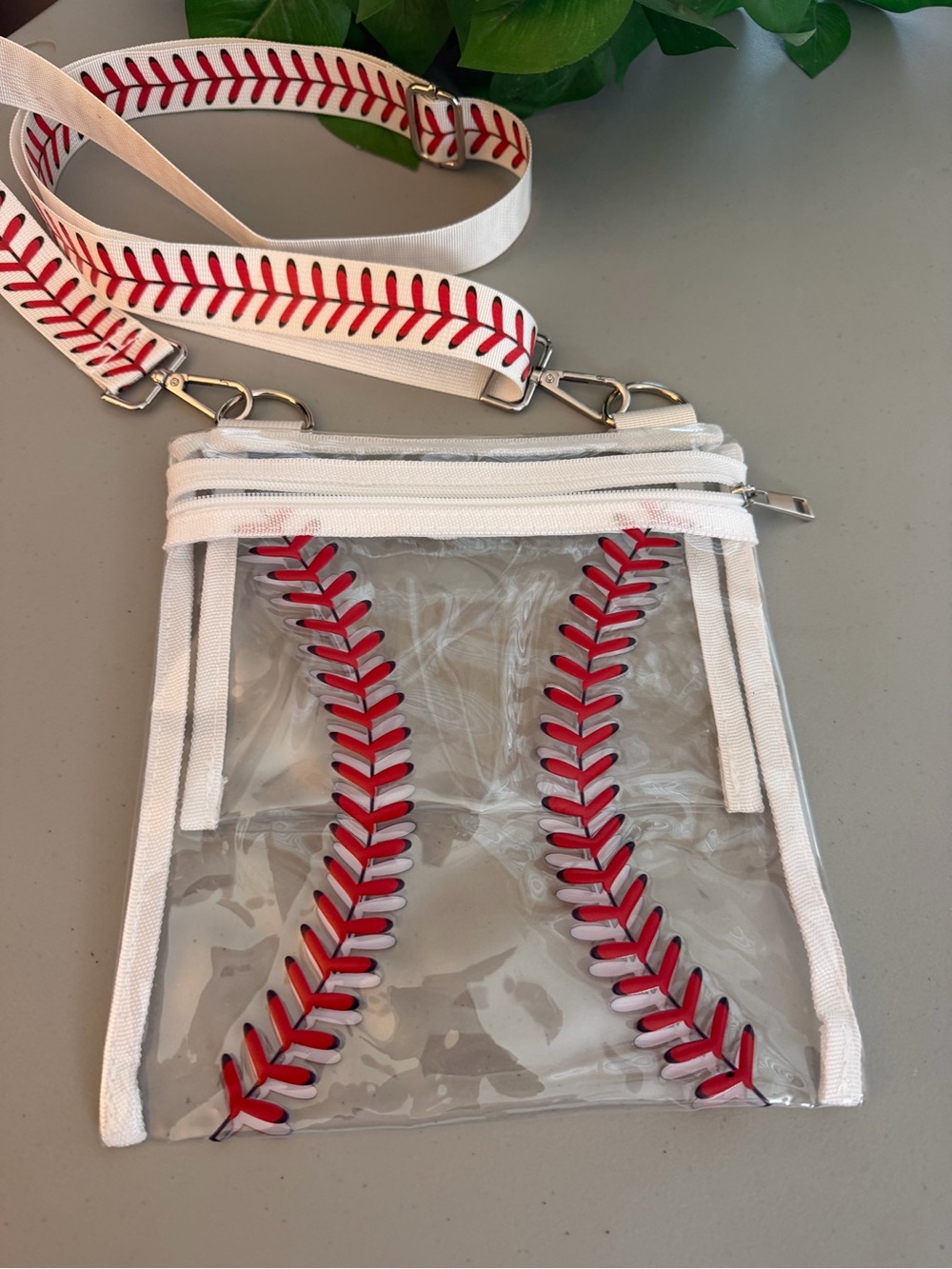 Clear Crossbody Bag with Red Baseball-Stitch Detail - White Trim
